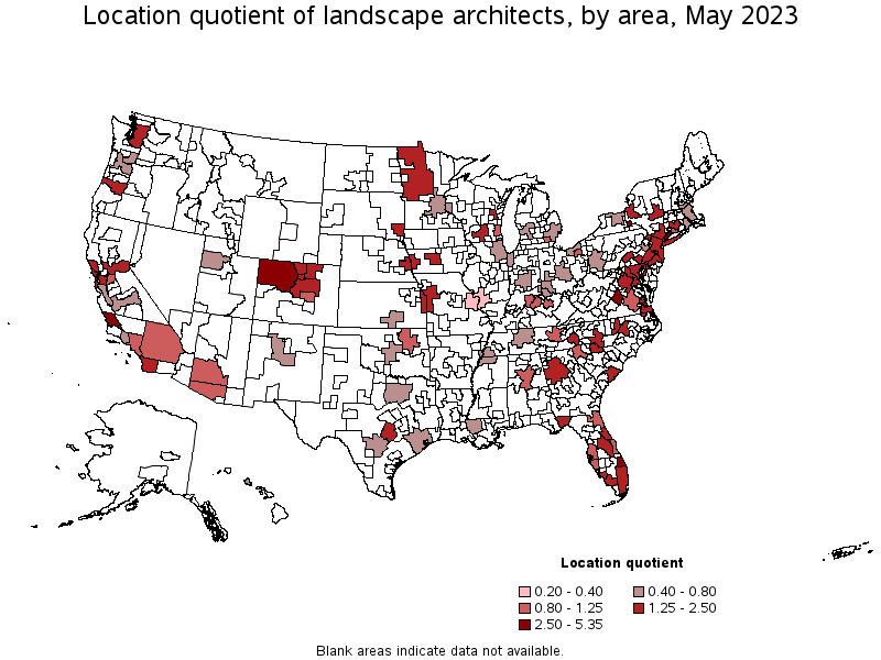 Map of location quotient of landscape architects by area, May 2021