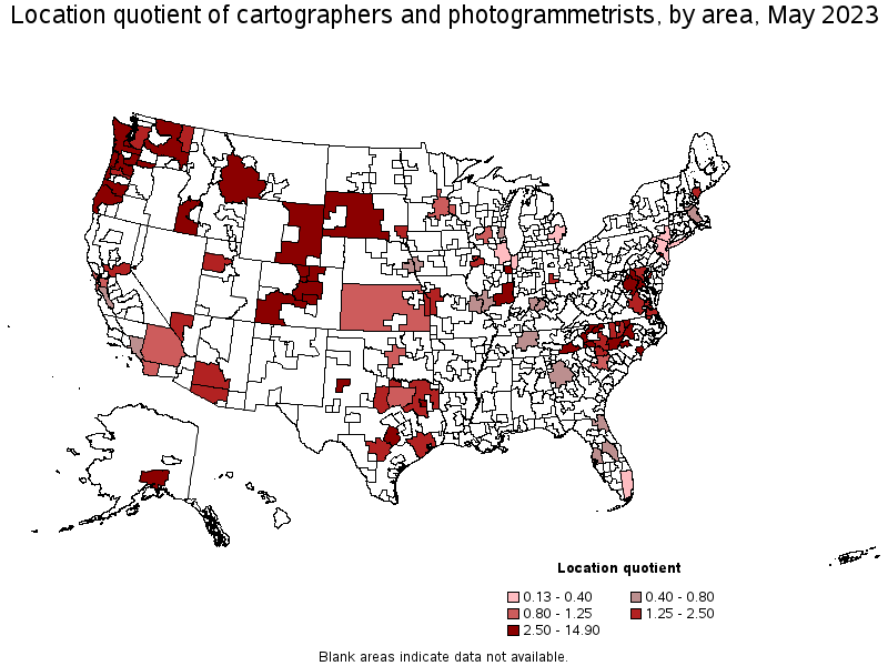 Map of location quotient of cartographers and photogrammetrists by area, May 2022