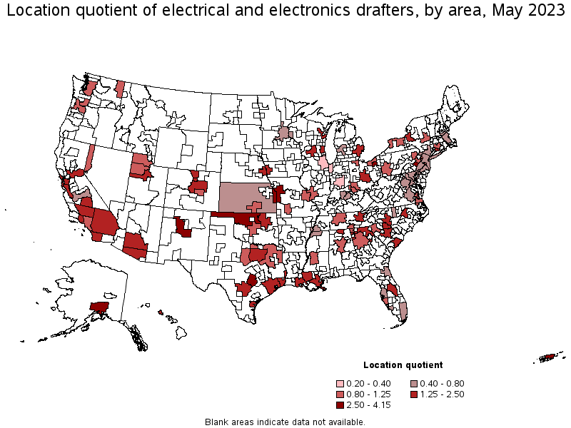 Map of location quotient of electrical and electronics drafters by area, May 2022