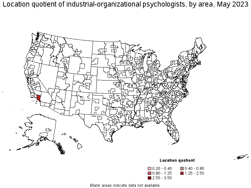 Map of location quotient of industrial-organizational psychologists by area, May 2021