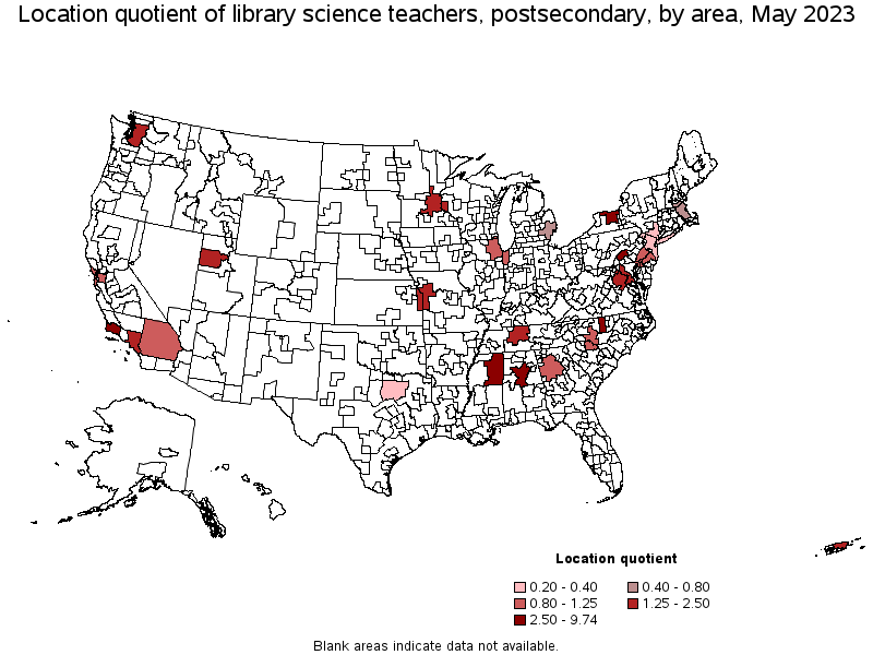 Map of location quotient of library science teachers, postsecondary by area, May 2022