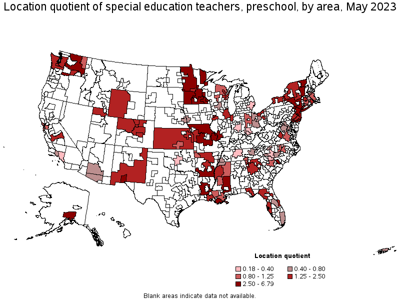 Map of location quotient of special education teachers, preschool by area, May 2021