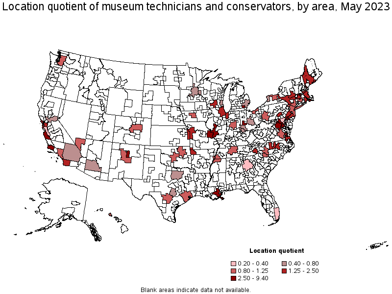 Map of location quotient of museum technicians and conservators by area, May 2021