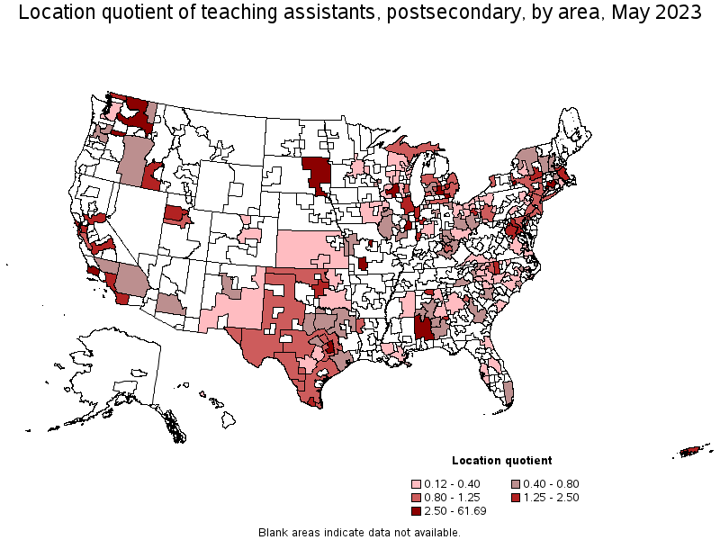 Map of location quotient of teaching assistants, postsecondary by area, May 2021