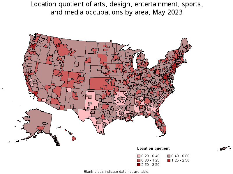Map of location quotient of arts, design, entertainment, sports, and media occupations by area, May 2021