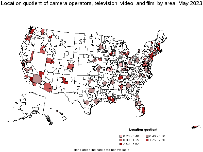 Map of location quotient of camera operators, television, video, and film by area, May 2021