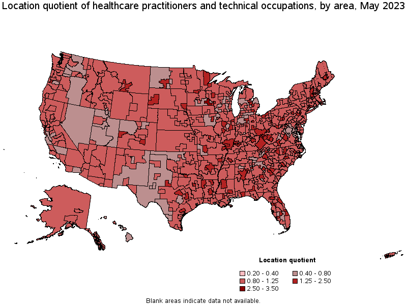 Map of location quotient of healthcare practitioners and technical occupations by area, May 2021