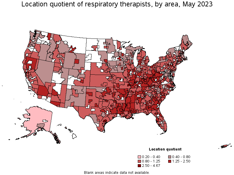 Map of location quotient of respiratory therapists by area, May 2022