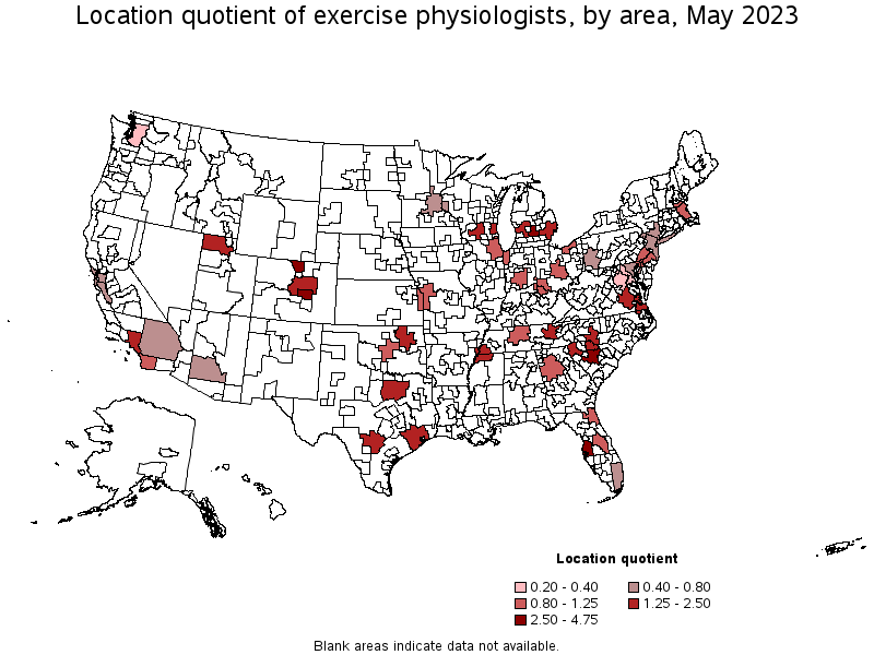 Map of location quotient of exercise physiologists by area, May 2021