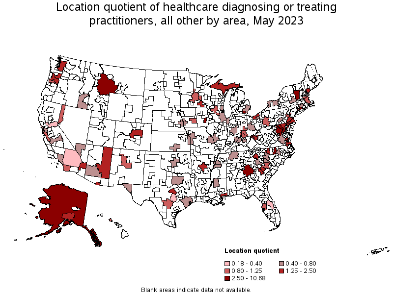 Map of location quotient of healthcare diagnosing or treating practitioners, all other by area, May 2021