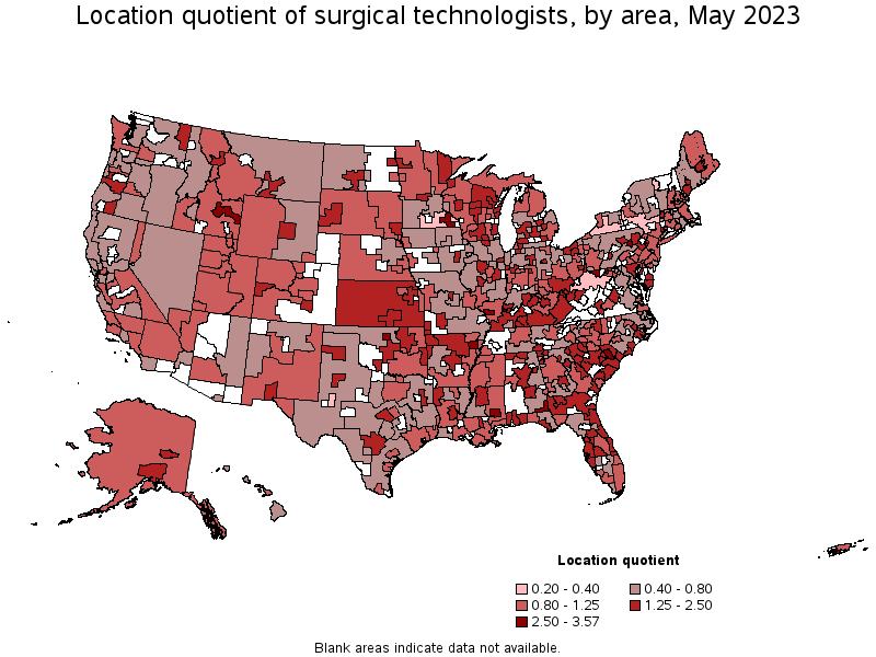 Map of location quotient of surgical technologists by area, May 2022
