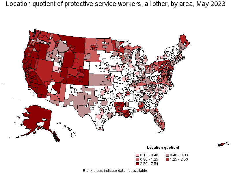 Map of location quotient of protective service workers, all other by area, May 2021