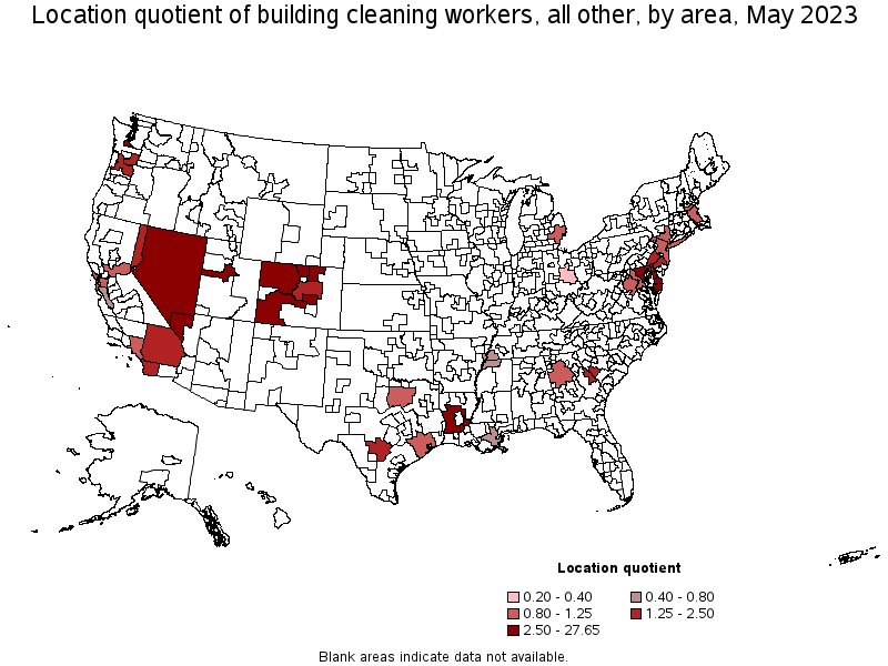 Map of location quotient of building cleaning workers, all other by area, May 2022