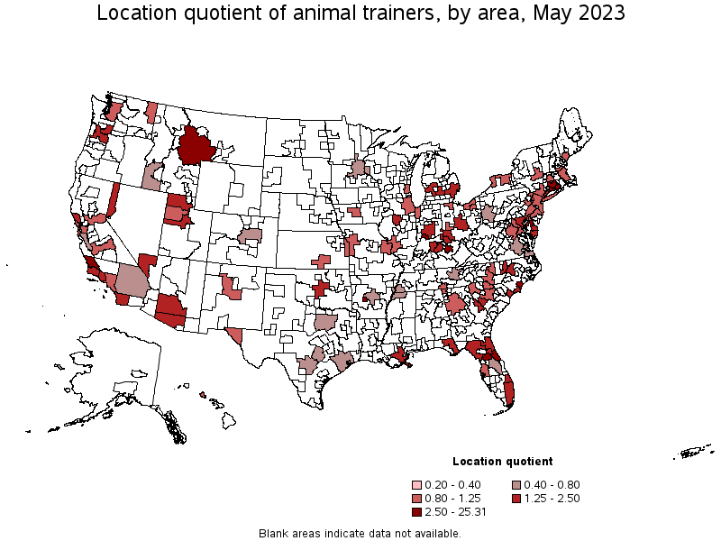 Map of location quotient of animal trainers by area, May 2021