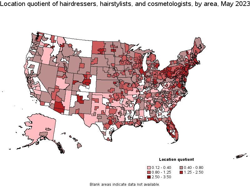Map of location quotient of hairdressers, hairstylists, and cosmetologists by area, May 2021