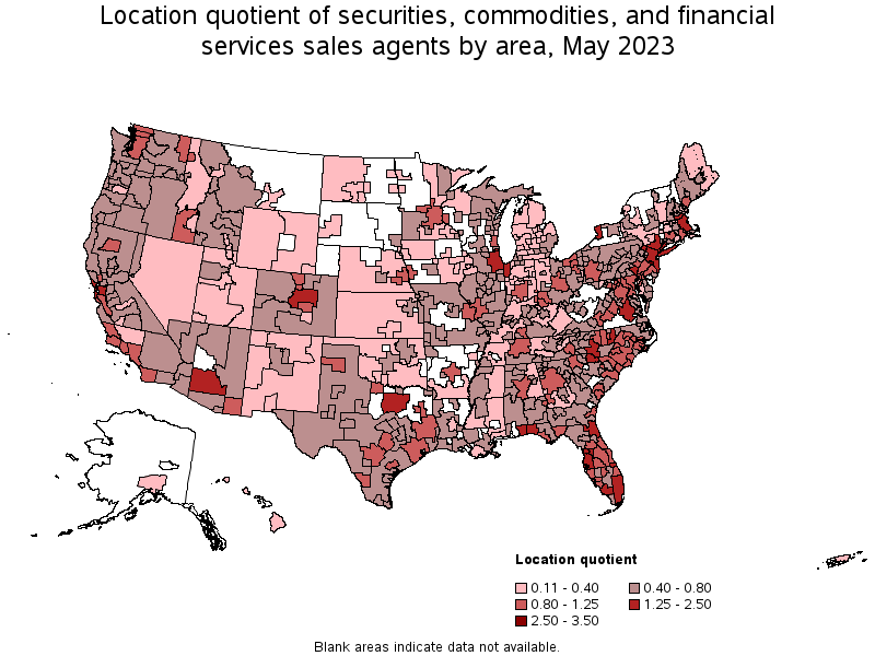 Map of location quotient of securities, commodities, and financial services sales agents by area, May 2022