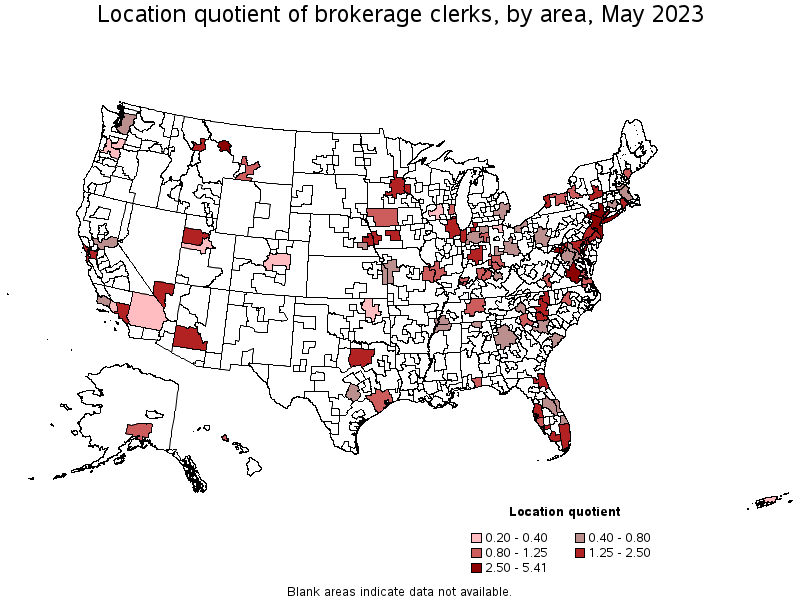 Map of location quotient of brokerage clerks by area, May 2021
