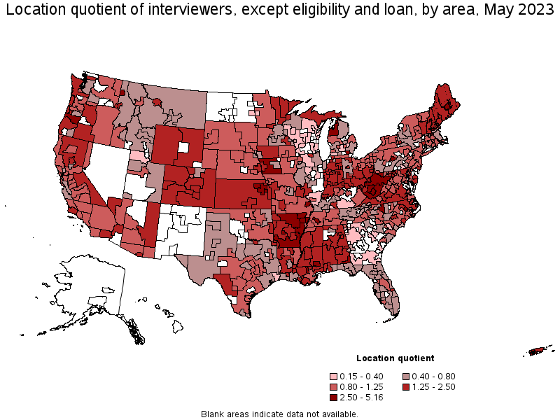 Map of location quotient of interviewers, except eligibility and loan by area, May 2022