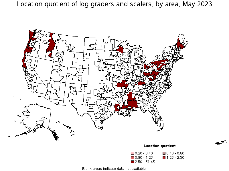Map of location quotient of log graders and scalers by area, May 2022