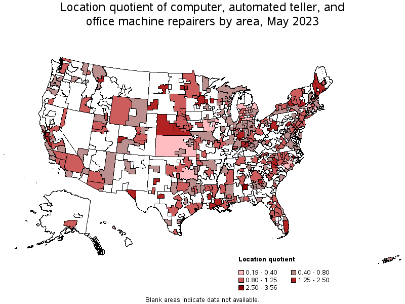 Map of location quotient of computer, automated teller, and office machine repairers by area, May 2022