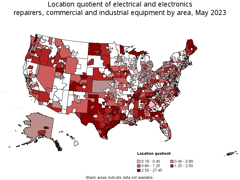 Map of location quotient of electrical and electronics repairers, commercial and industrial equipment by area, May 2022