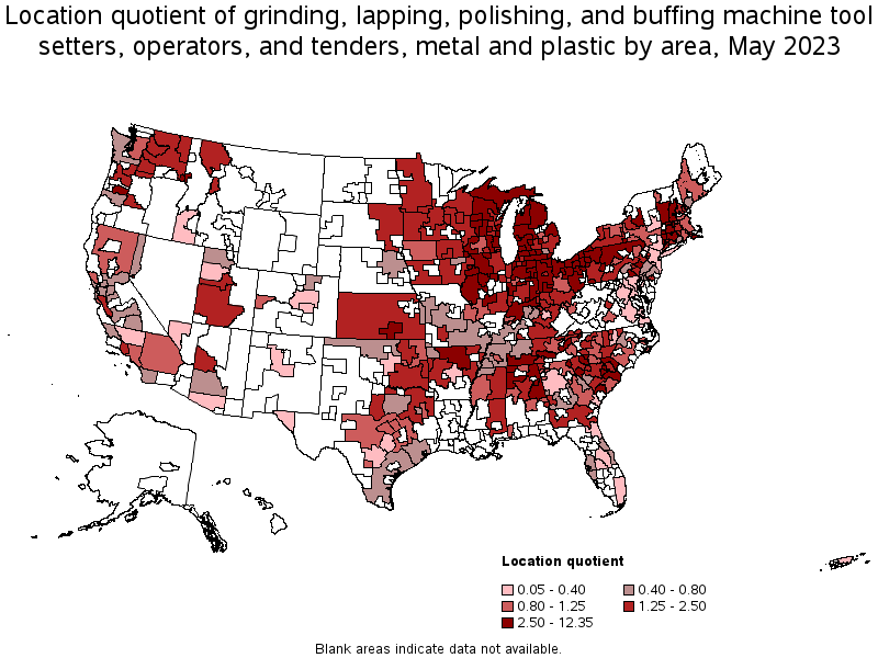 Map of location quotient of grinding, lapping, polishing, and buffing machine tool setters, operators, and tenders, metal and plastic by area, May 2021