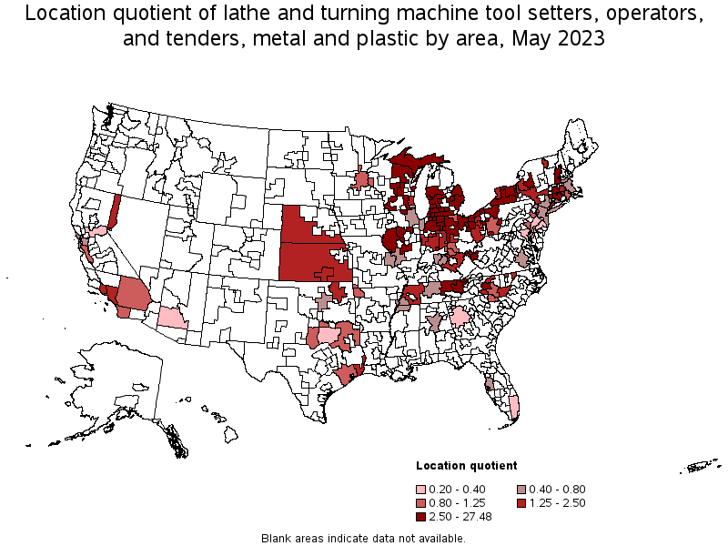Map of location quotient of lathe and turning machine tool setters, operators, and tenders, metal and plastic by area, May 2022