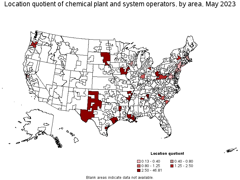 Map of location quotient of chemical plant and system operators by area, May 2021