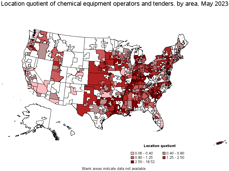 Map of location quotient of chemical equipment operators and tenders by area, May 2021