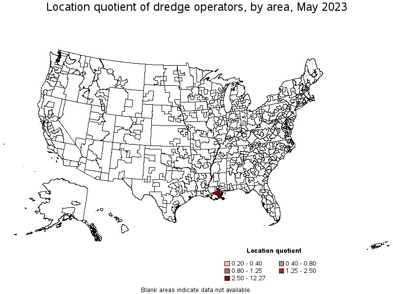 Map of location quotient of dredge operators by area, May 2022