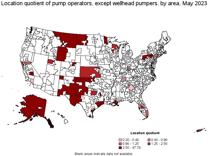 Map of location quotient of pump operators, except wellhead pumpers by area, May 2021
