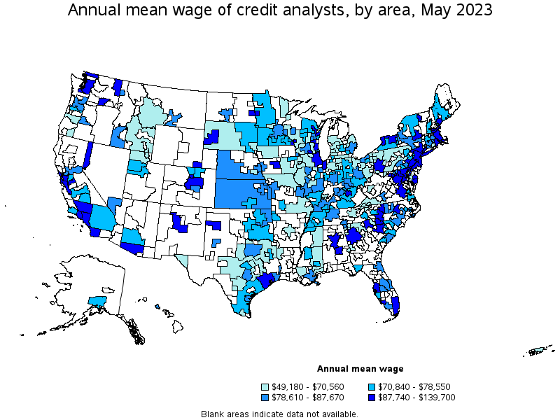 Map of annual mean wages of credit analysts by area, May 2022
