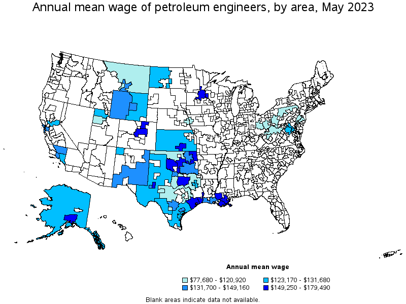 Map of annual mean wages of petroleum engineers by area, May 2022
