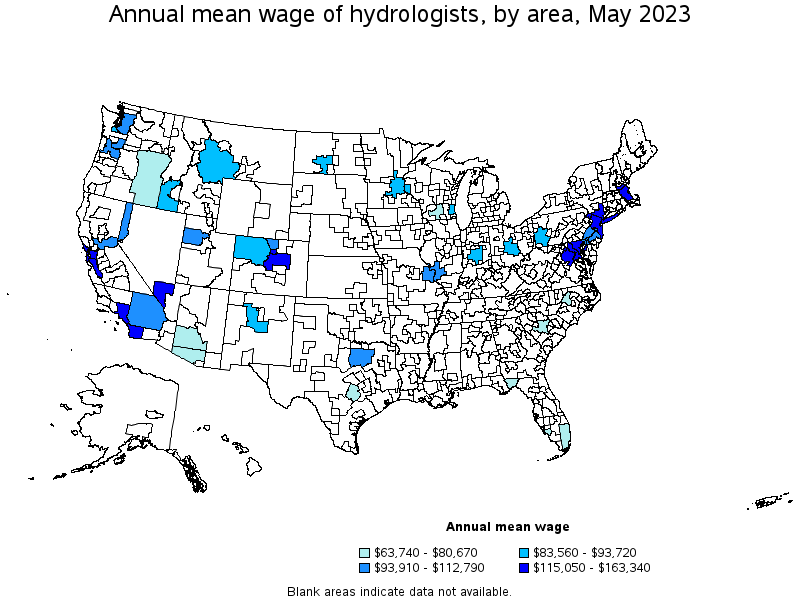 Map of annual mean wages of hydrologists by area, May 2021