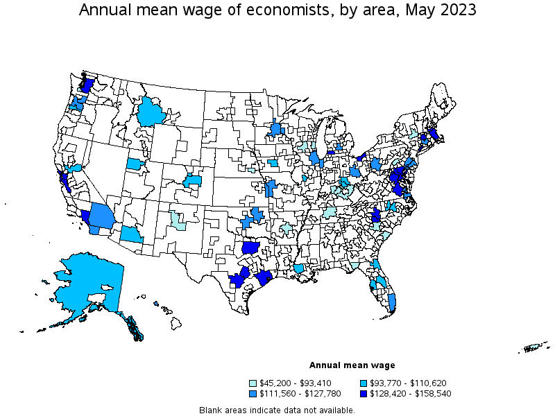 Map of annual mean wages of economists by area, May 2021