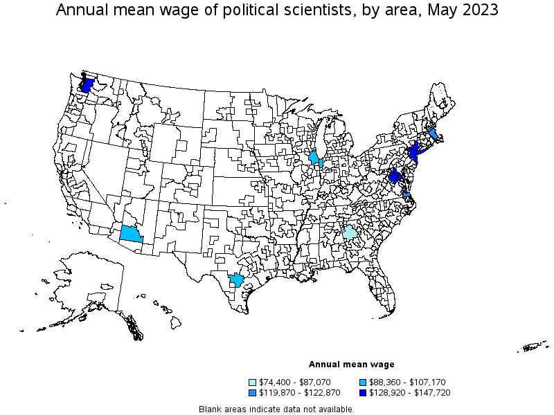 Map of annual mean wages of political scientists by area, May 2021