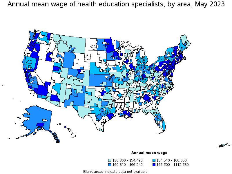 Map of annual mean wages of health education specialists by area, May 2021