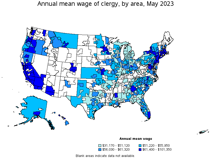 Map of annual mean wages of clergy by area, May 2021