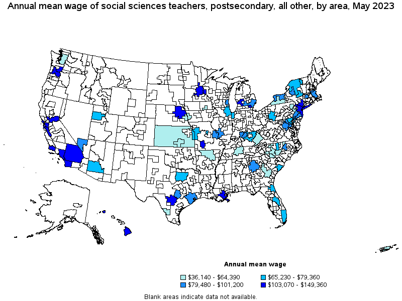Map of annual mean wages of social sciences teachers, postsecondary, all other by area, May 2021