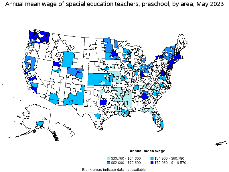 Map of annual mean wages of special education teachers, preschool by area, May 2022