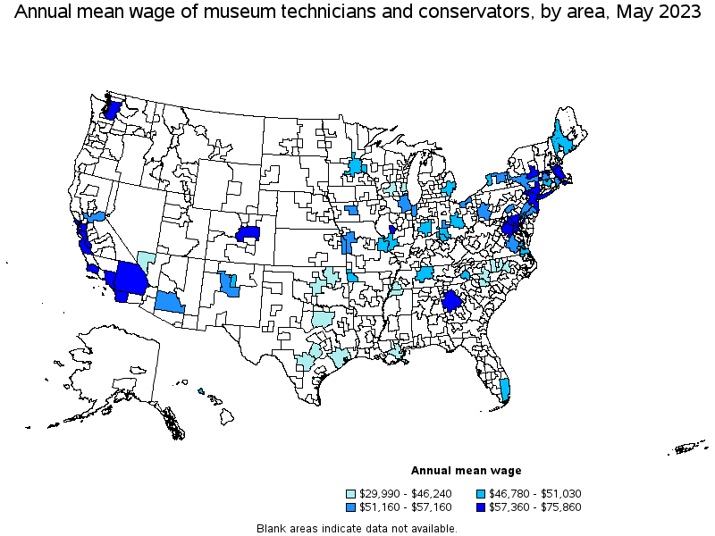 Map of annual mean wages of museum technicians and conservators by area, May 2021