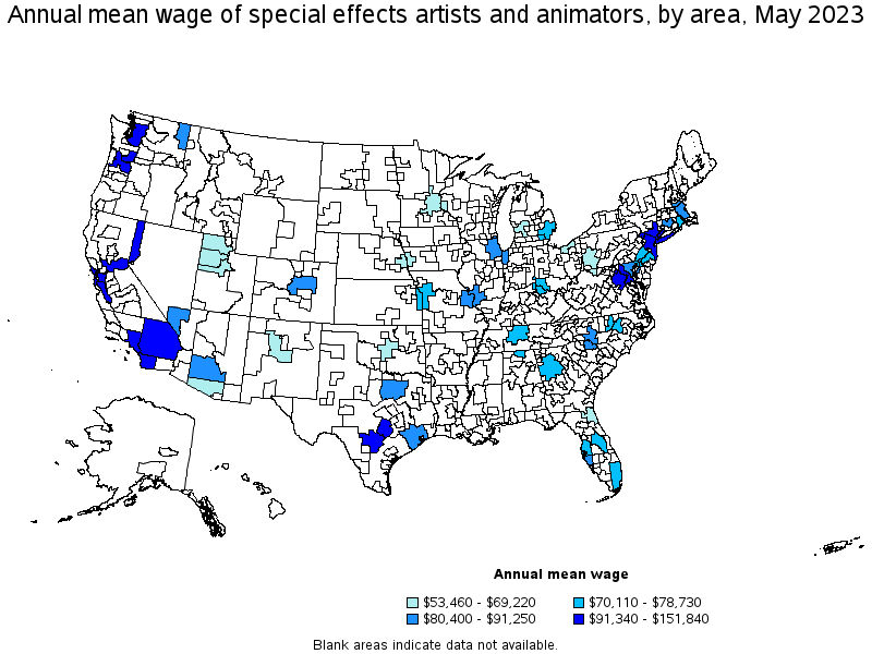 Map of annual mean wages of special effects artists and animators by area, May 2021