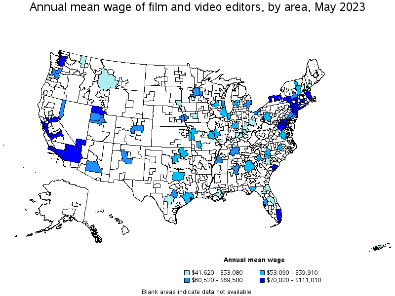 Map of annual mean wages of film and video editors by area, May 2021