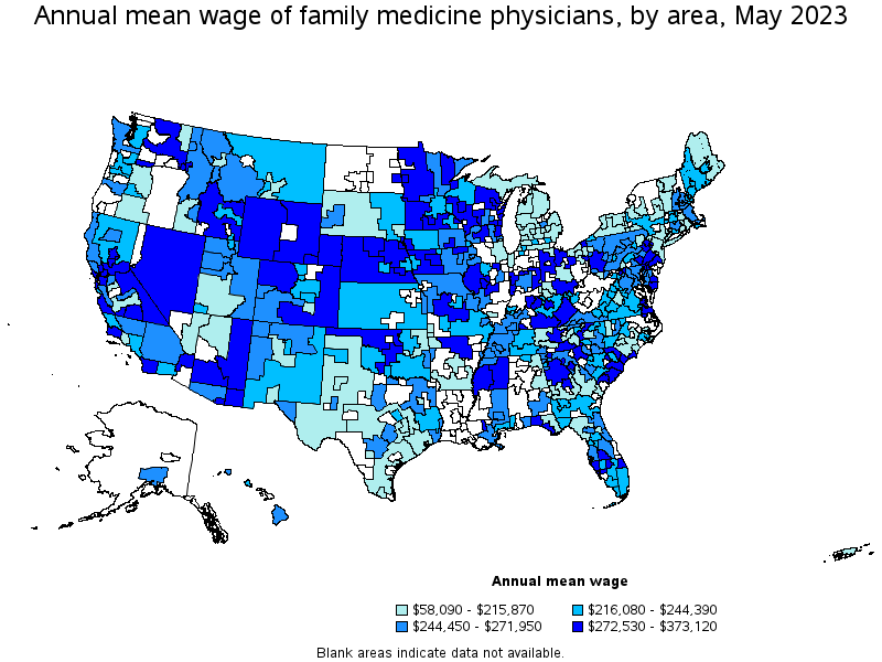 Map of annual mean wages of family medicine physicians by area, May 2023
