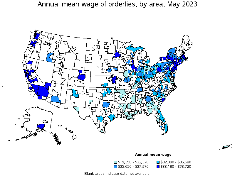 Map of annual mean wages of orderlies by area, May 2021