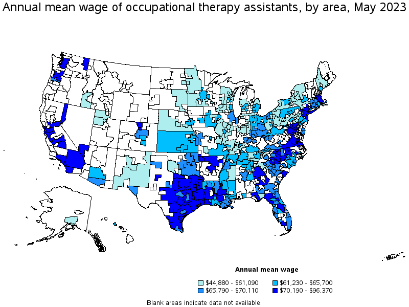Map of annual mean wages of occupational therapy assistants by area, May 2021