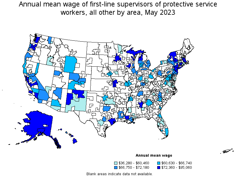 Map of annual mean wages of first-line supervisors of protective service workers, all other by area, May 2021