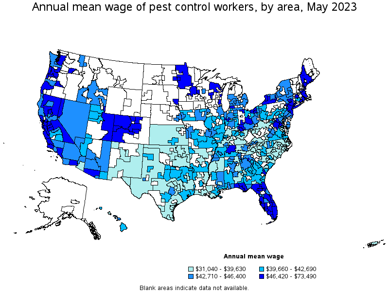 Map of annual mean wages of pest control workers by area, May 2022