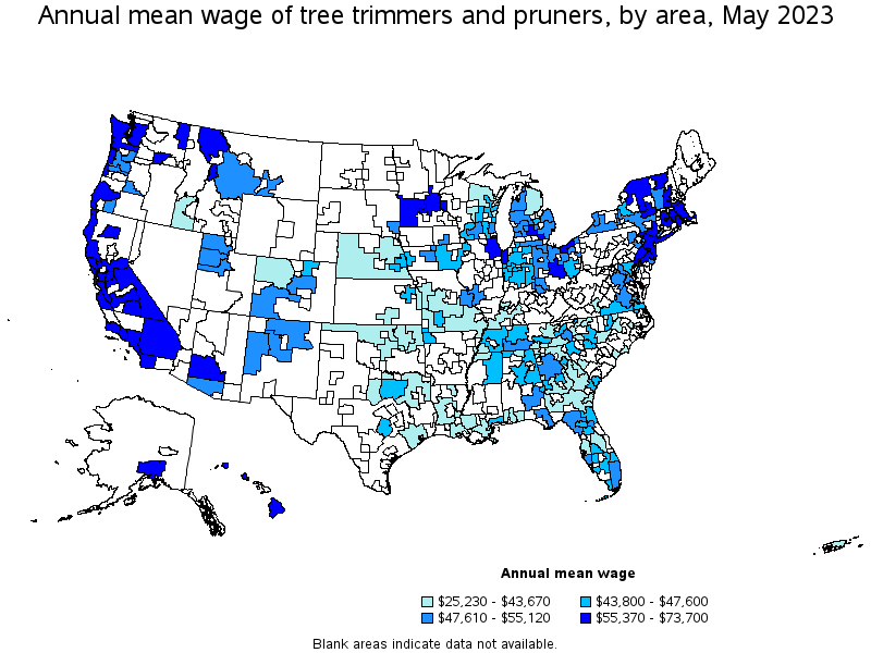 Map of annual mean wages of tree trimmers and pruners by area, May 2021