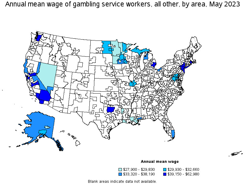 Map of annual mean wages of gambling service workers, all other by area, May 2021